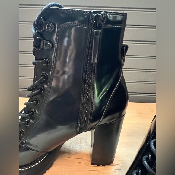 Black Bershka boots Women’s Block Heels Platform Patent Ankle Combat Boots - Picture 3 of 14